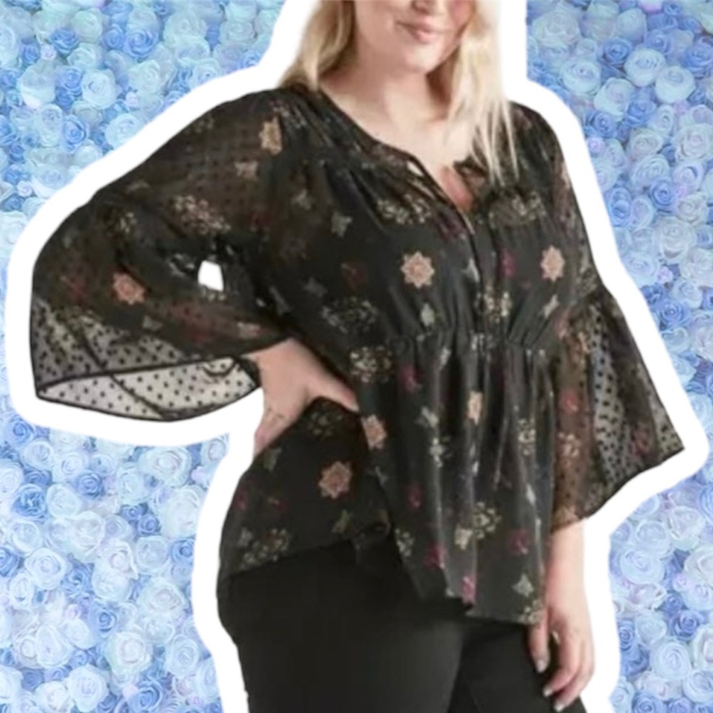 Lucky Brand Bohemian Peasant Large Sheer Bell Sleeve Lace Trim Mesh Floral Swiss